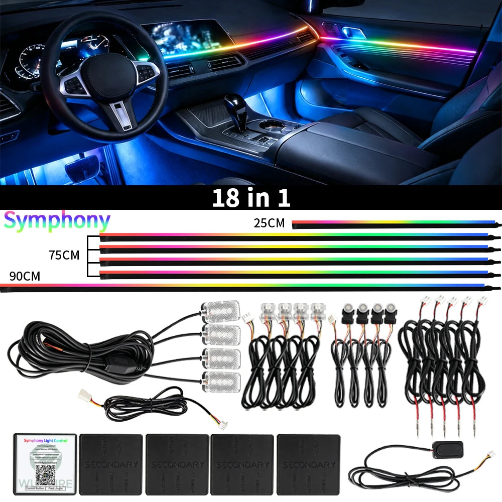 Symphony Car Ambient Light LED Acrylic Guide Fiber Optic 10/18in1 Interior RGB Streamer Atmosphere Lamp 6IN1 RGB LED Strip Light