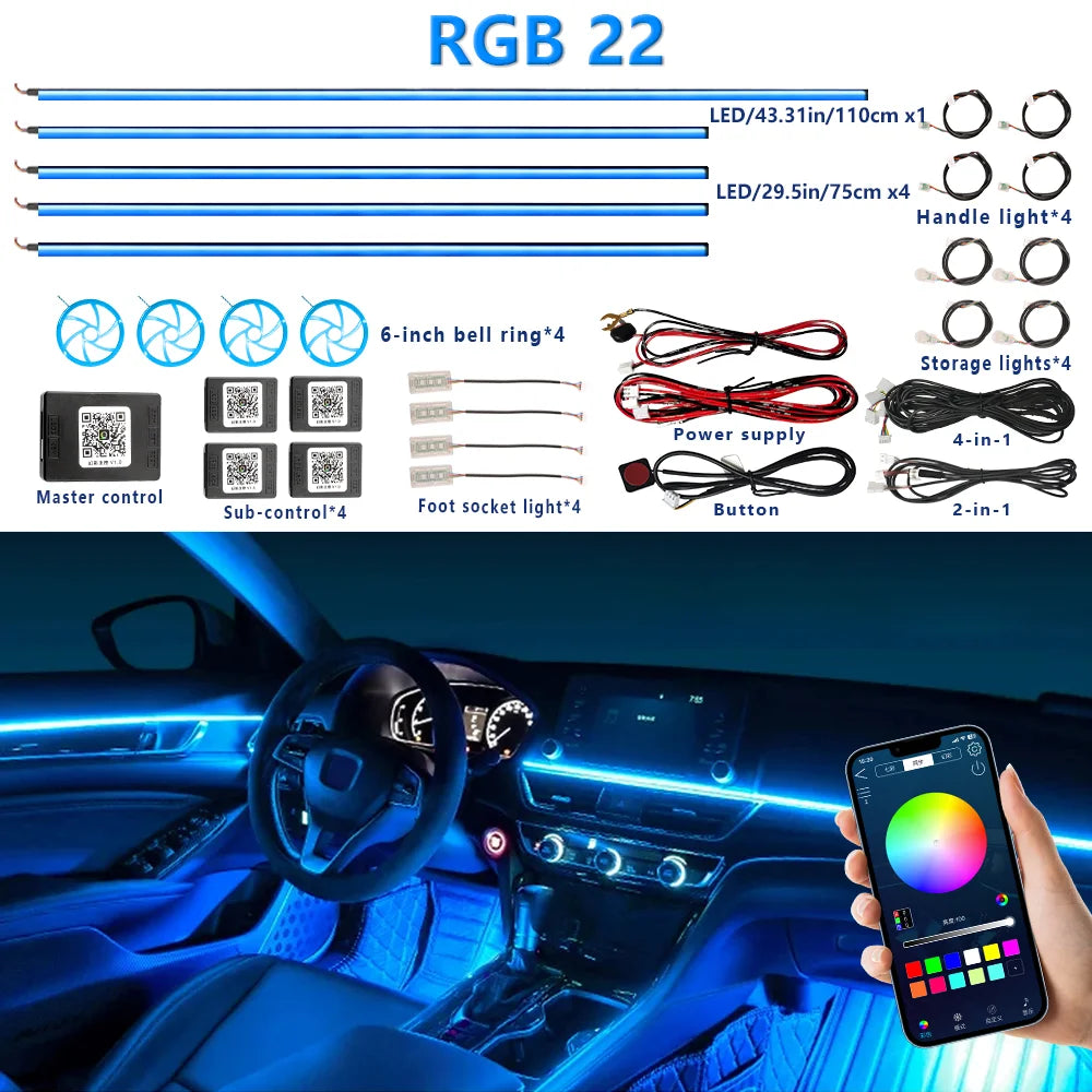 22 In 1 Full Color Streamer Car Ambient Lights RGB 64 Color Universal LED Interior Hidden Acrylic Strip Symphony Atmosphere Lamp