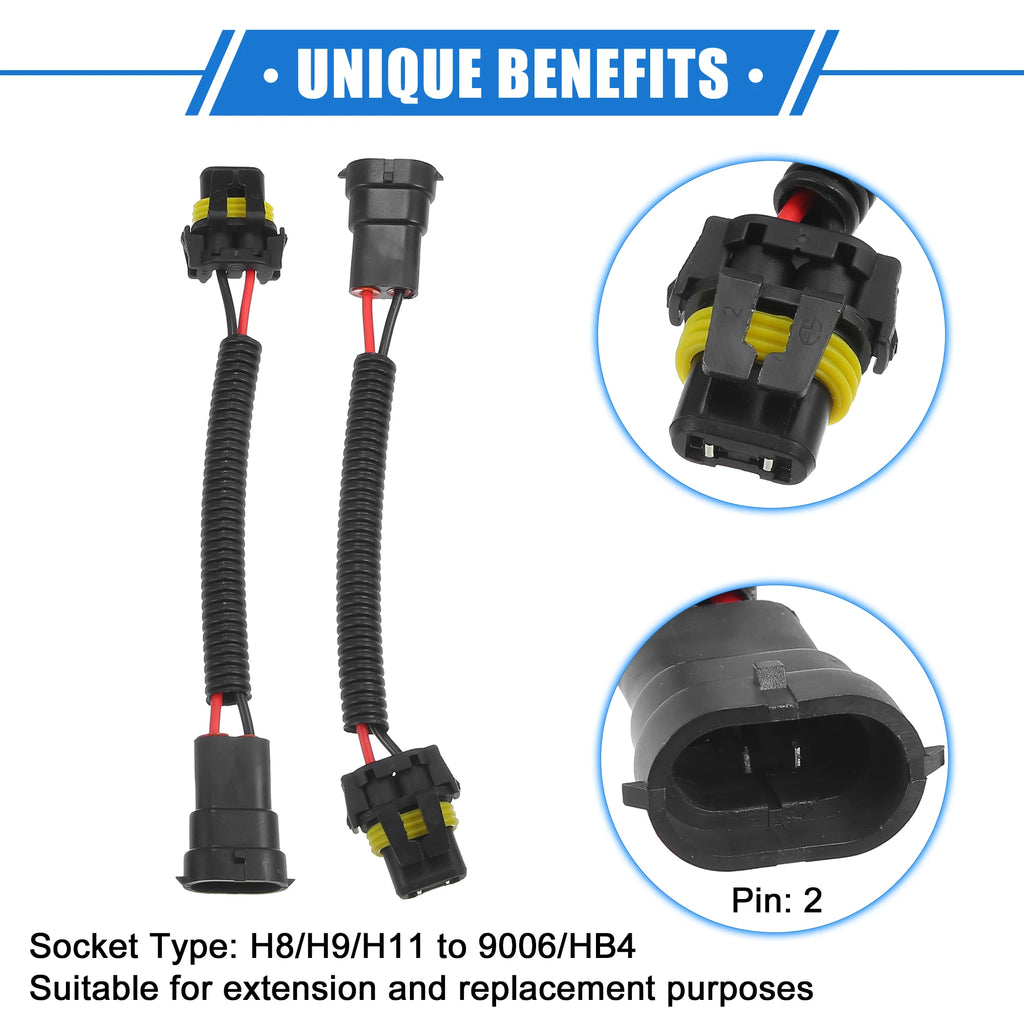 UXCELL 2Pcs H8 H9 H11 Male to 9006 HB4 Female Extension Conv