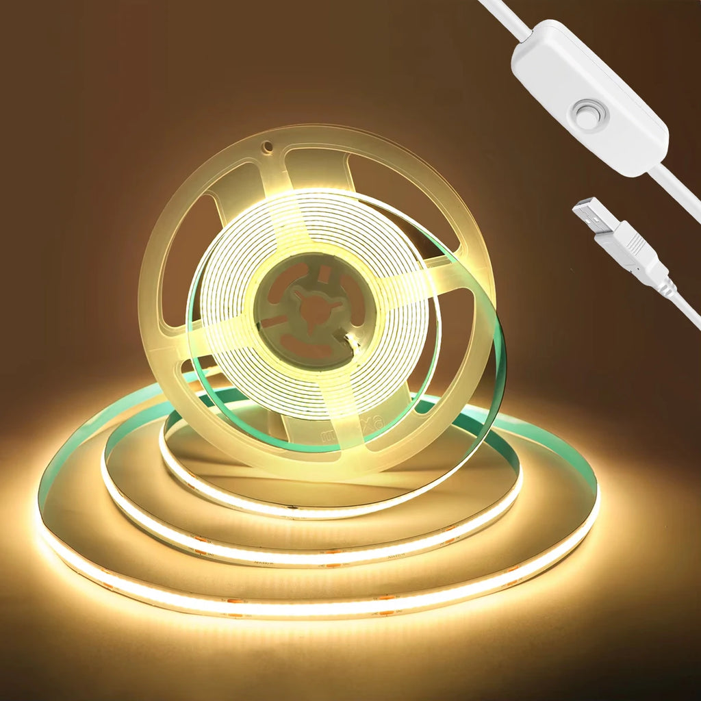 High Density COB LED Strip USB Button Switch Soft Uniform Light Flexible Easy Install For TV Backlight Bedroom Desk Shelf Home
