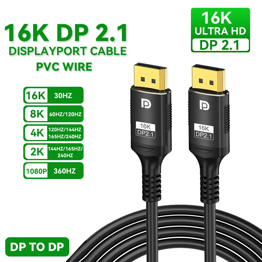 16K DP 2.1 8K 120Hz 4K 240Hz 80Gbps HDR Video Audio Displayport Cable Display Port for Laptop TV Xbox Projector Gaming Monitor