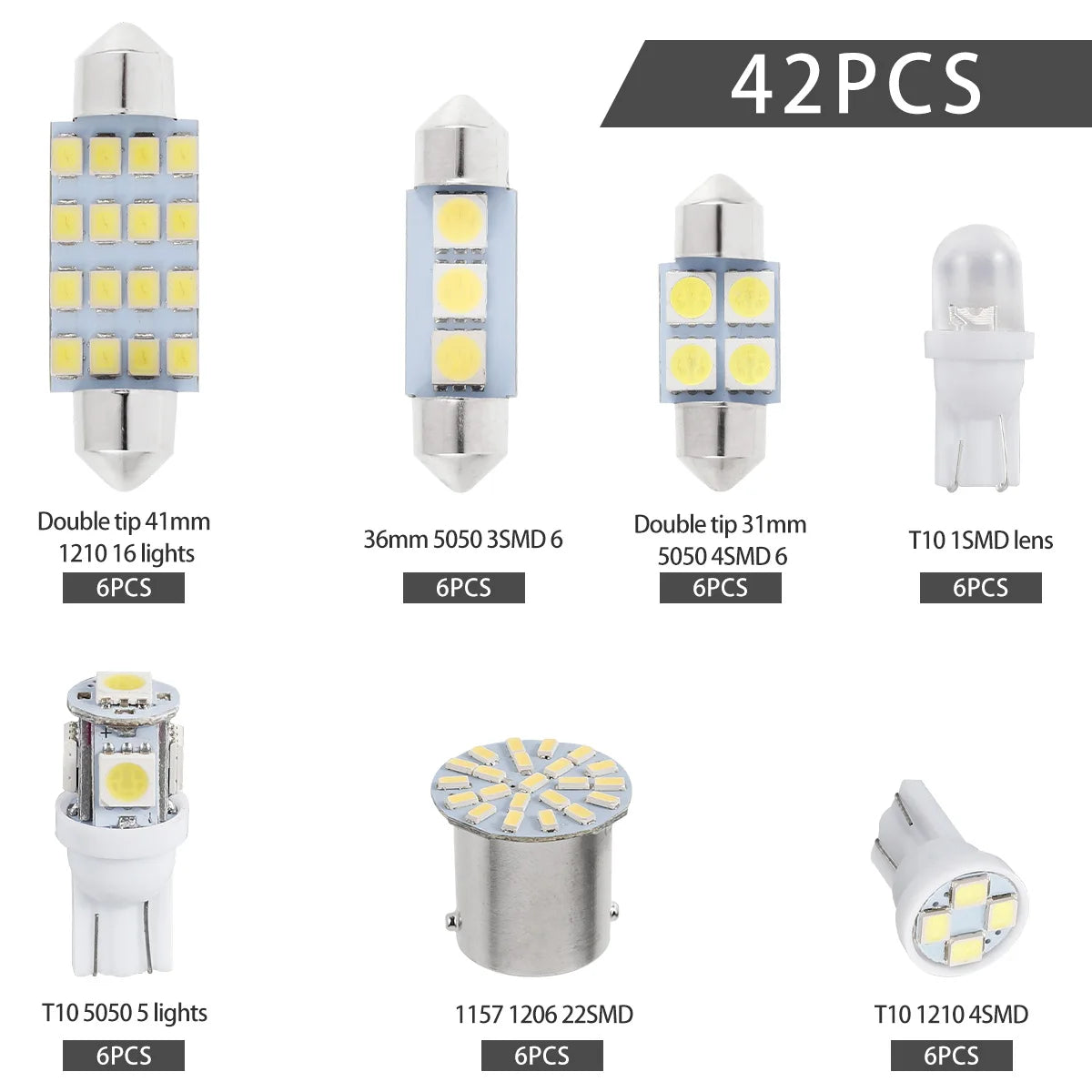 42Pcs LED Car Interior Lights T10 6000K SMD LED Replacement 