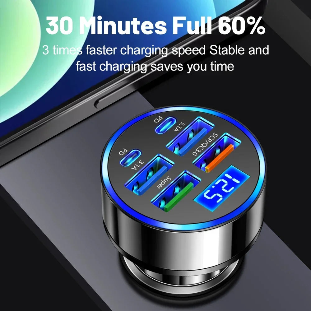100W 6 Ports Car Charger Fast Charging PD QC3.0 USB C Car Ph