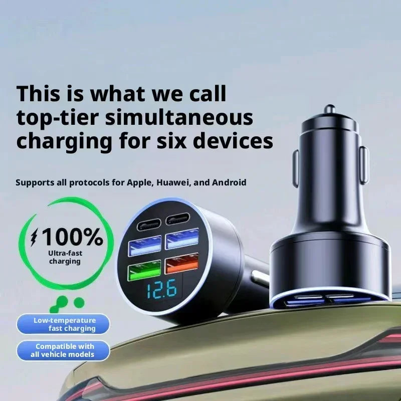 6 in 1 Car Charger Fast Charging LED Voltage Display Multi P