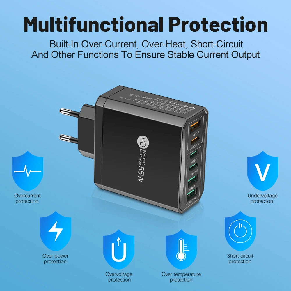 55W 3 USB 3 PD Charger Fast Charging QC3.0 Travel Charger Fo