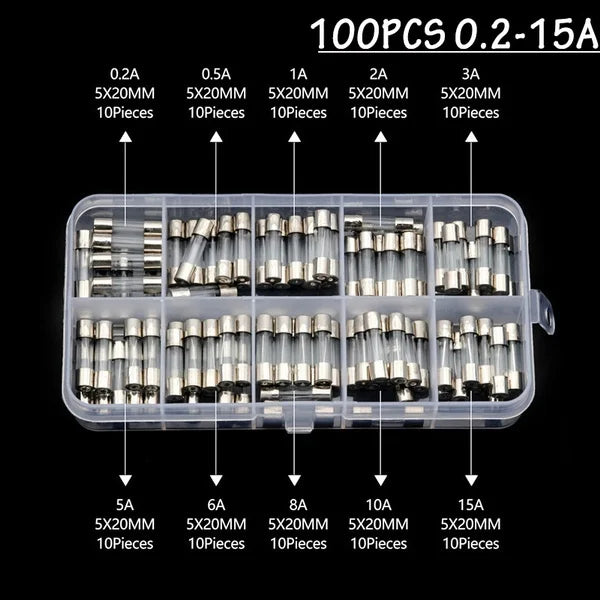 100Pcs Fast-blow Glass Tube Fuses 5 20 Household Fuses Car Glass Tube Fuses Assorted Kit 5X20 with Box Fusiveis 0.1A-30A