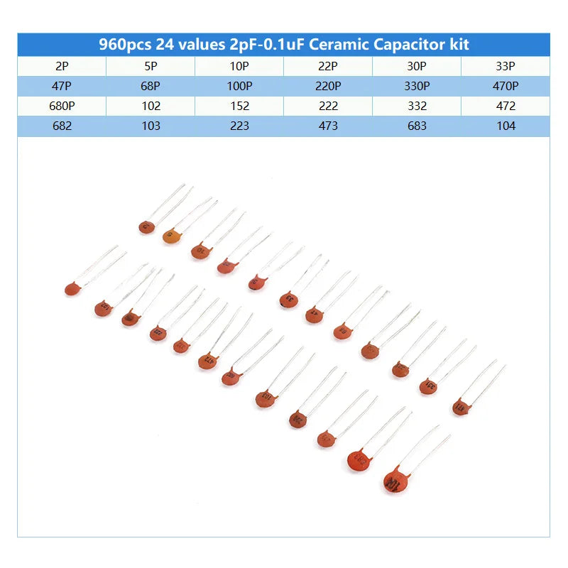 960PCS 24values Ceramic Capacitor Assortment Kit Capacitance