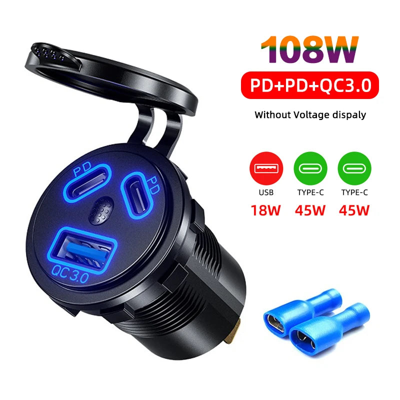12V/24V USB Outlet 108W 3 Ports Car Charger Socket Dual 45W PD Type C & 18W QC 3.0 Motorcycle Socket Power Outlet Charge Adapter