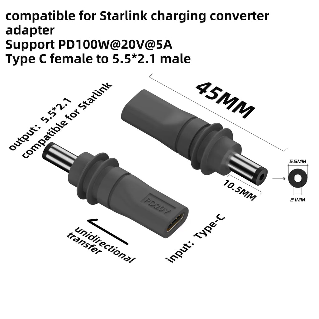 C to DC/D to D Power Adapter for Starlink Mini PD100W USB C Female to DC5521 Male Connector Charge Barrel Jack Power Adapter
