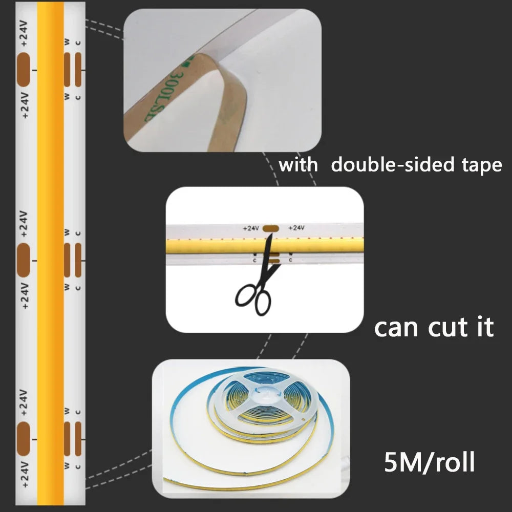 DC24V 2700K-6500K CCT COB FOB LED Strip Light 608LEDs/M Dimm