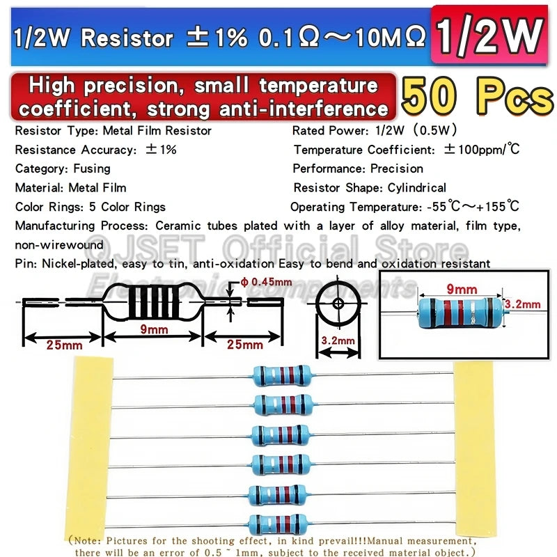 50pcs 1/2W Metal Film Resistors 1% 0.5W 10R 15R 47 100 200 2