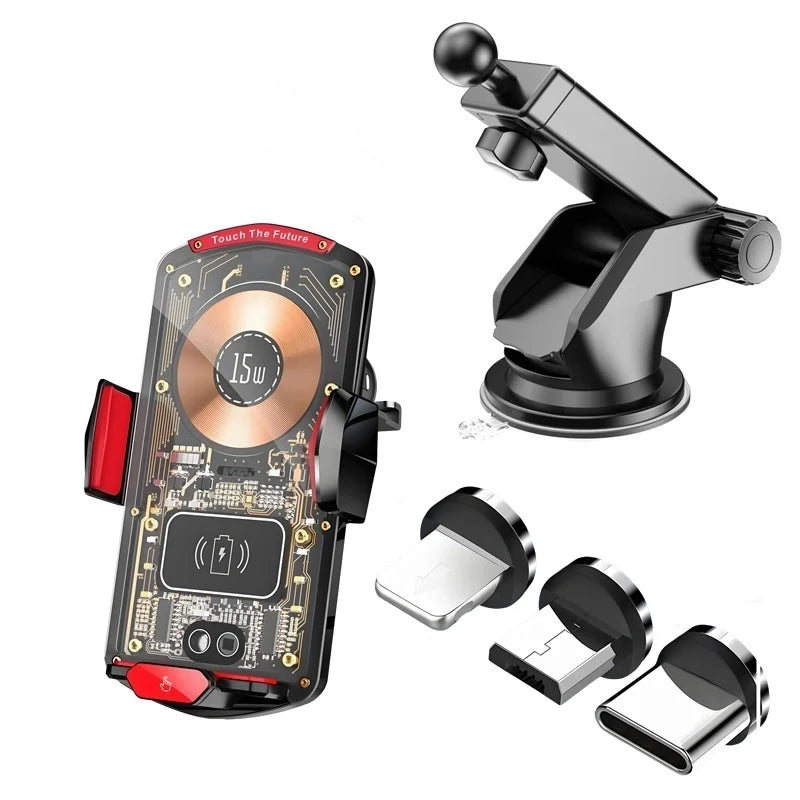 15W Universal Car Wireless Charger Holder Auto-Sensing Ambient Light 360 Rotating 66W Plug Charging Mount for iPhone/Samsung/Car