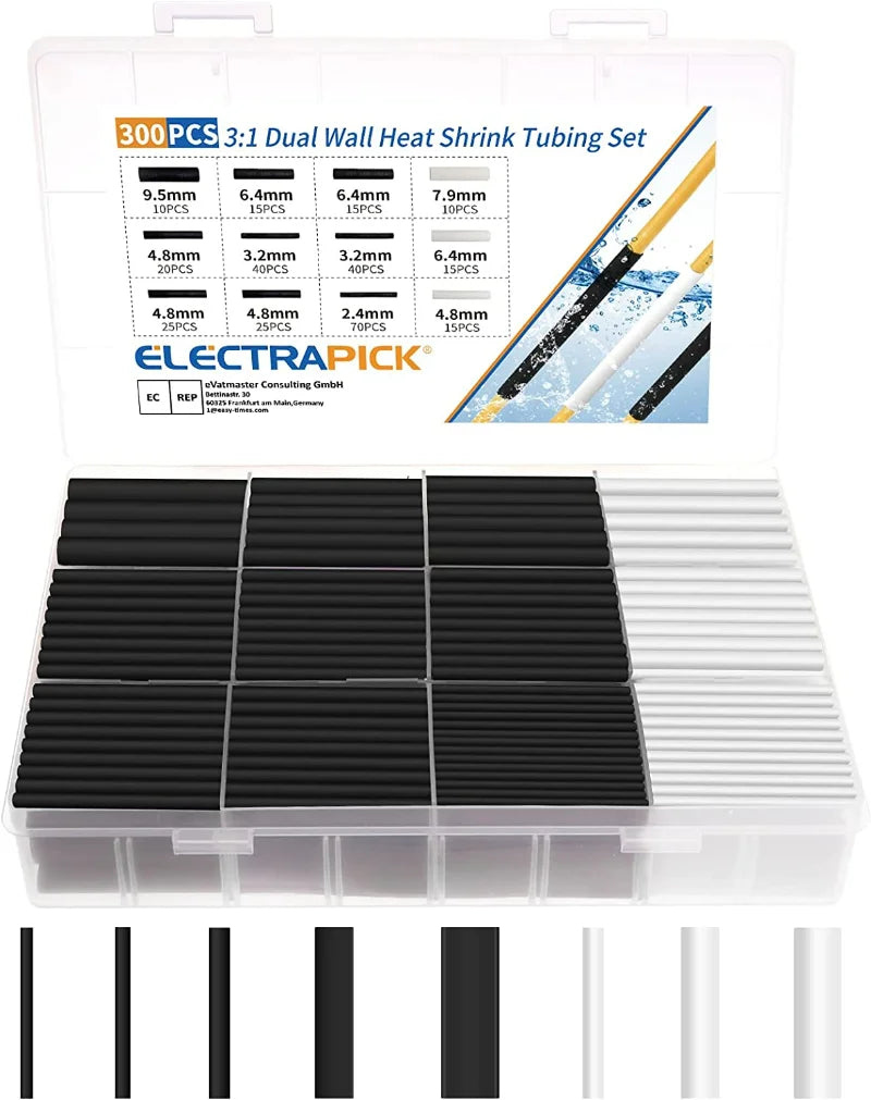 300Pcs Heat Shrink Tubing Kit Shrink Ratio 3 1 with Glue Wat