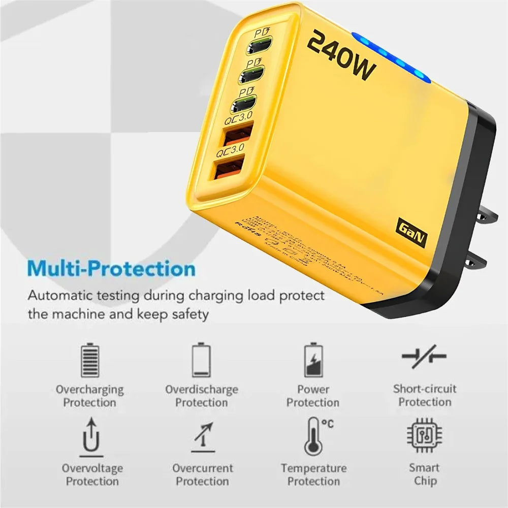 240W GaN Fast Charging USB Type C Charger Multi Ports Mobile