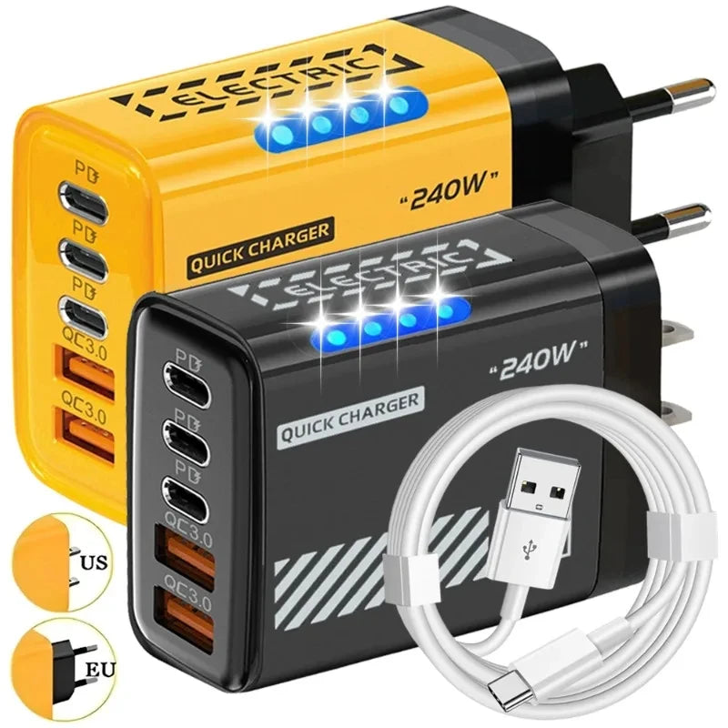 240W QC3.0 PD 5 Ports GaN Fast Charger US/EU Plug Phone Char