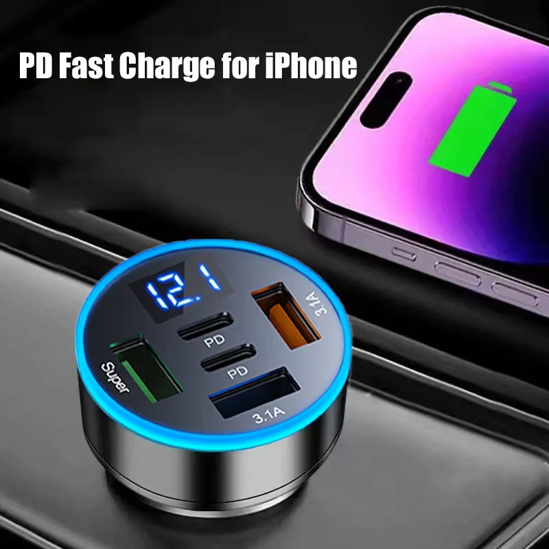 5 in 1 USB Car Phone Charger Adapter with Voltage Display Du