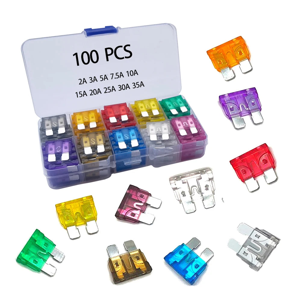 100pcs Standard Car Fuses 2A 3A 5A 7.5A 10A 15A 20A 25A 30A 