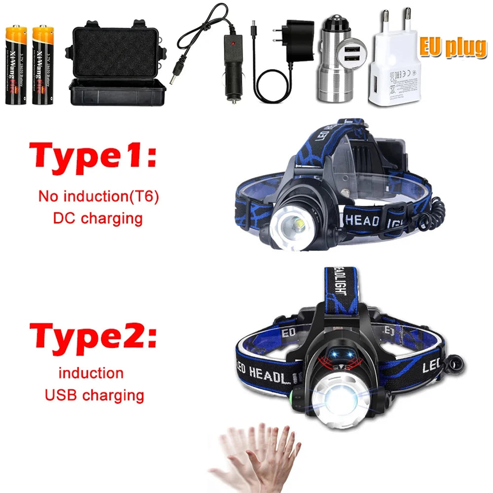 Super Brigh LED Induction Headlamp USB Rechargeable Headligh